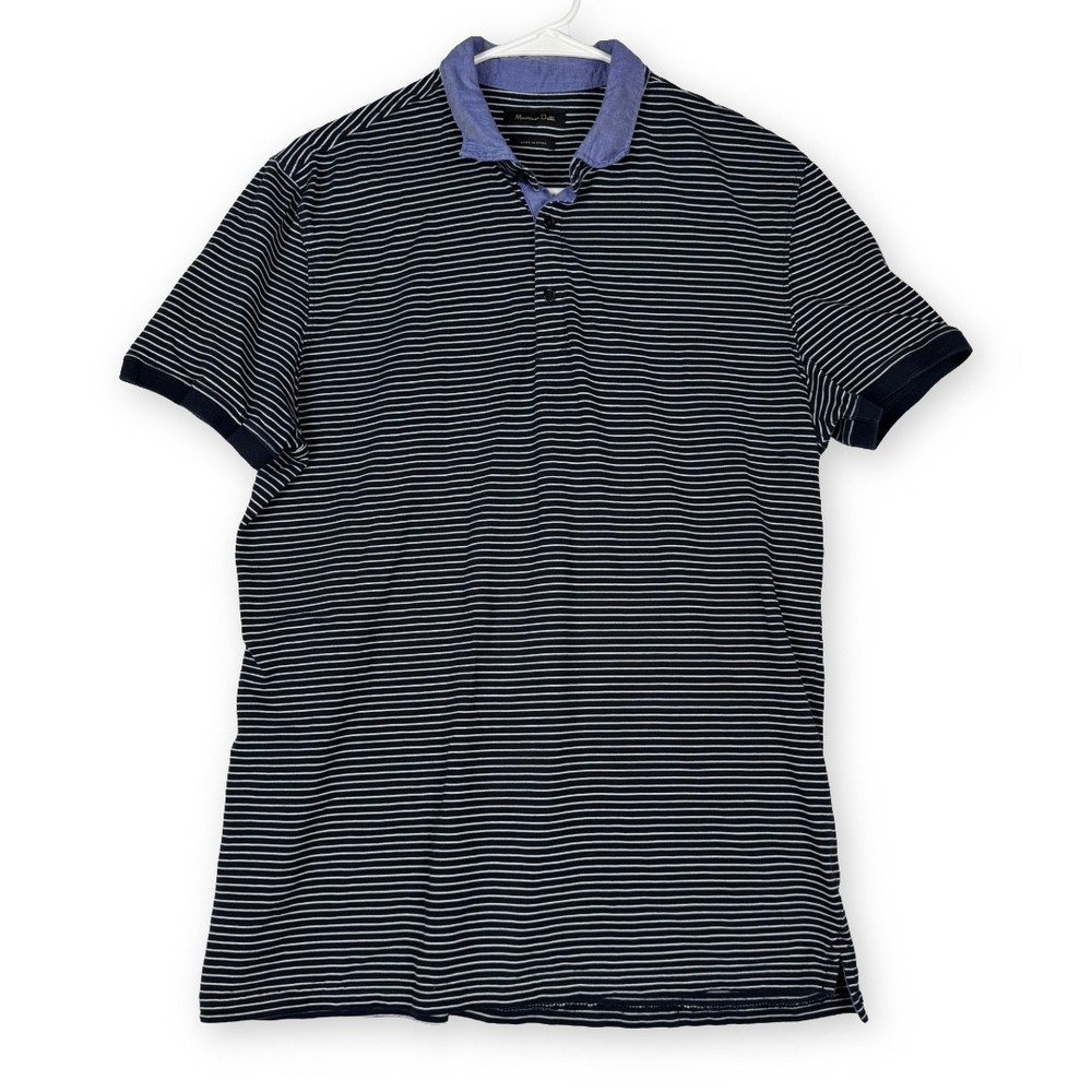 Massimo Dutti Mens XL Navy Blue White Striped Short Sleeve Polo Shirt Cotton